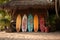 surfboards leaning against a tropical beach hut