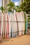 Surfboards lined up for rent  in Waikiki