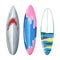 Surfboards are multicolored, gray, pink, blue striped. Watercolor illustration. Isolated objects on a white background