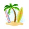 Surfboards for Riding Ocean Waves Rested on Sand with Palm Tree Hawaiian Vector Illustration