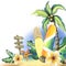 Surfboards on a sandy beach with palm trees, tropical leaves, coconuts, plumeria flowers, a wooden pointer and a