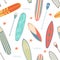 Surfboards seamless pattern. Funny repeated print, different type sea board, gliding waves, beach sport objects. Decor