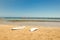 Surfboards standing upright in bright sun on the empty beach/Surf boards on the sand of an empty beach