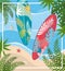 Surfboards with starfish and shell with leaves plants in the beach