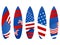 Surfboards with USA flag on a white background. Types of surfboards with a pattern. Vector