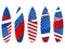 Surfboards with USA flag on a white background. Types of surfboards with a pattern. Vector