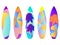 Surfboards on a white background. Types of surfboards with a pattern. Vector