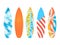 Surfboards on a white background. Types of surfboards with a pattern. Vector