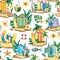 Surfboards, wooden beach houses, tropical plants and flowers. Watercolor illustration. Seamless pattern on a white