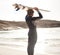 Surfer on beach, sun and man with surfboard on head, looking at ocean view with travel and nature mockup. Adventure