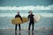 Surfer beginner and instructor on a beach with a surfboards