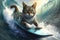 Surfer cat with surfboard in the ocean