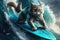 Surfer cat with surfboard in the ocean