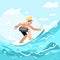 Surfer chatacter surfboard ride water sea ocean wave flat design