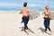 Surfer couple, running and back at beach with board, training or fitness on vacation in summer. Man, woman or surfboard