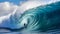 surfer cuts a huge wave on the board, blue water tunnel generative ai