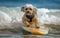 Surfer dog swims through the waves on a surfboard on the sea, summer landscape, generative ai