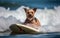 Surfer dog swims through the waves on a surfboard on the sea, summer landscape, generative ai