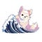 A surfer dog who loves riding waves at the beach, AI Generated, Sticker ver.6
