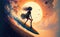 surfer girl on surfboard in cyberpunk suit is floating on waves in space. Dreams and fantasy. Generative AI illustration