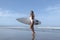 Surfer girl in a white swimsuit goes to the blue ocean, with a white surfboard