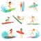 Surfer girls riding on waves set, surfboarders in different poses vector Illustrations