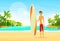 Surfer Man with Surfing Board Palm Tree Summer