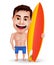 Surfer Man Vector Character with Muscles Holding Surfboard for Summer