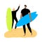 Surfer men characters in black wetsuits standing with surfboards on a beach. Vector illustration in flat cartoon style