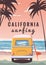 Surfer orange bus, van, camper with surfboard on the tropical beach. Poster California palm trees and blue ocean behind