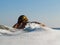 Surfer paddles through the foam to catch a wave