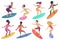 Surfer people riding surfboards set. Man and woman surfing on the sea or ocean vector Illustration.