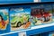 Surfer playmobil figurine with car  in a blue box packaging in a toys store supermarket