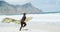 Surfer, ready and wetsuit at beach with surfboard, running for adventure, holiday hobby and environment. Explorer
