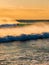 Surfer ride on ocean wave and warm tones of sunset. Surfing in ocean at wave