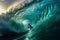 A surfer riding a massive wall of turquoise barrel waves, shot from within the tube to capture airborne arcs of water in jeweled