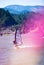 Surfer with sail rushes down the wind on the Columbia River in H