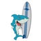 Surfer shark cartoon illustration. Blue surfer shark icon cartoon mascot