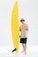 Surfer showing shaka or hang loose sign and holding surfboard