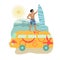 Surfer Standing on Camper Van Flat Illustration