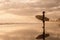 Surfer stands on sunset ocean beach