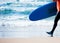 Surfer with surfboard detail and sea background