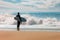 Surfer with surfboard looks into the distance at the ocean