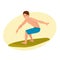 Surfer with surfboard standing, riding on ocean wave. Surf travel.