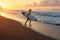 Surfer. Surfing Man With White Surfboard Going To Surf On Ocean Waves. Sandy Beach At Beautiful Sunrise In Bali.