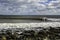 Surfer surfs a perfect wave on a sunny day