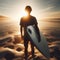 Surfer waits on early morning beach to catch the perfect wave