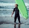 Surfer wearing wetsuit standing on the beach with a surfboard