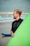 Surfer wearing wetsuit standing on the beach with a surfing board