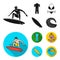 Surfer, wetsuit, bikini, surfboard. Surfing set collection icons in black, flat style vector symbol stock illustration